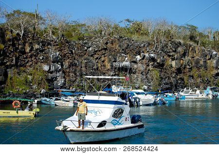 Puerto Ayora, Ecuador - April 27, 2009: Local Ships Docked In Puerto Ayora Port