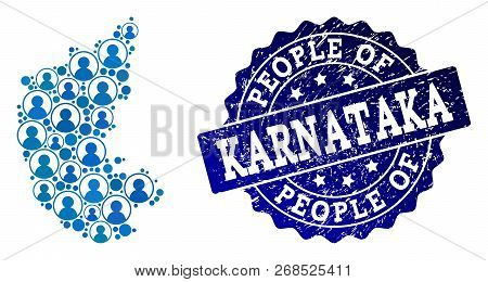People Collage Of Blue Population Map Of Karnataka State And Rubber Seal Stamp. Vector Seal With Dis
