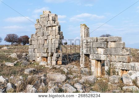 The Remains Of The Central Entrance On The Ruins Of The Destroyed Roman Temple, Located In The Forti
