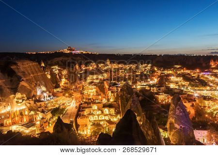 Beautiful Aeral Night View Goreme, Cappadocia, Turkey. Famous Center Of Balloon Fligths