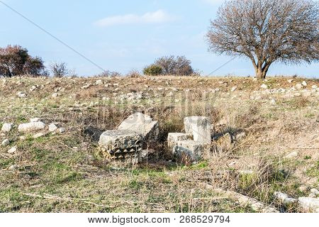 The Remains Of The Columns On The Ruins Of The Destroyed Roman Temple, Located In The Fortified City