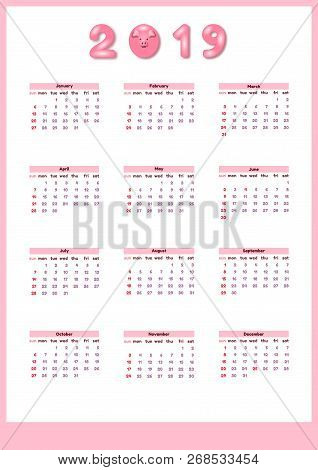 Calendar For 2019 With Cute Pink Color Pig. Vector Vertical Editable Template. Week Starts On Sunday