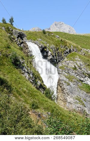 Mountain View With Waterfall At Furenalp Over Engelberg On Switzerland