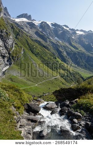 Mountain View With River At Furenalp Over Engelberg On Switzerland