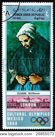 Yemen - Circa 1968: A Stamp Printed In Yemen Arab Republic Shows Old Woman With A Rosary, Painting B
