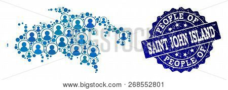 People Collage Of Blue Population Map Of Saint John Island And Scratched Seal. Vector Seal With Uncl
