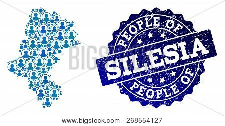 People Collage Of Blue Population Map Of Silesia Voivodeship And Corroded Seal. Vector Seal With Unc