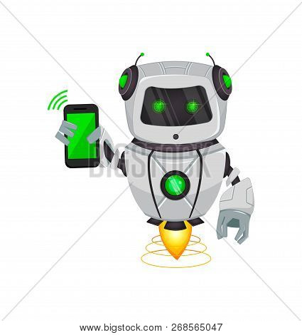 Robot With Artificial Intelligence, Bot. Funny Cartoon Character Holds Smartphone. Humanoid Cybernet