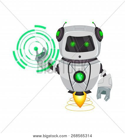Robot With Artificial Intelligence, Bot. Funny Cartoon Character Points On Round Hologram. Humanoid 