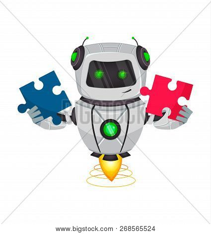 Robot With Artificial Intelligence, Bot. Funny Cartoon Character Holds Two Pieces Of Puzzle. Humanoi