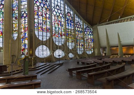 Rouen, France - August 30, 2018: Old Renaissance Stained Glass Windows In A Modern Catholic Church O
