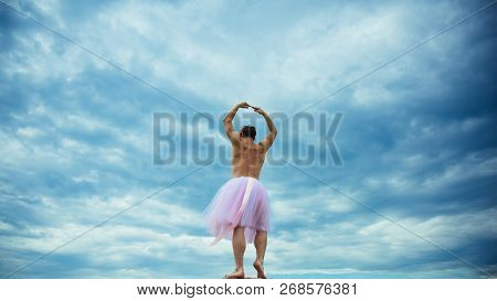 Man In Ballerina Skirt Outdoor. Crazy Ballerina. Drag Queen. Man Dancing In Tutu In Ballet Studio. F