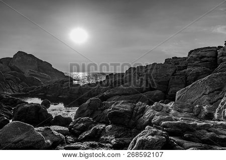 Black And White Picture Of The Granite Rocks Les Rochers In Saint Guenole, France