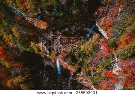 Pericnik Waterfall In Slovenian Alps In Autumn.
