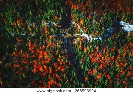 Pericnik Waterfall In Slovenian Alps In Autumn.