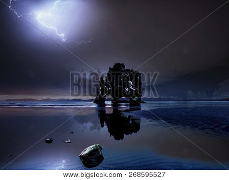 Hvitserkur 15 M Height. Is A Spectacular Rock In The Sea On The Northern Coast Of Iceland. On This P
