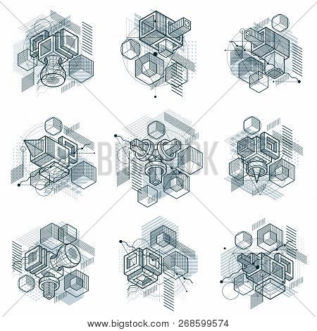 Isometric Linear Abstract Vector Backgrounds, Lined Abstractions. Cubes, Hexagons, Squares, Rectangl