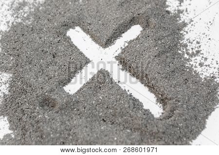 Christian Cross Or Crucifix Drawing In Ash, Dust Or Sand As Symbol Of Religion, Sacrifice, Redemtion