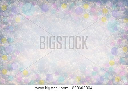 Shiny Snow Abstract Bokeh Blurred Background. Holiday Frame Background With Copy Space