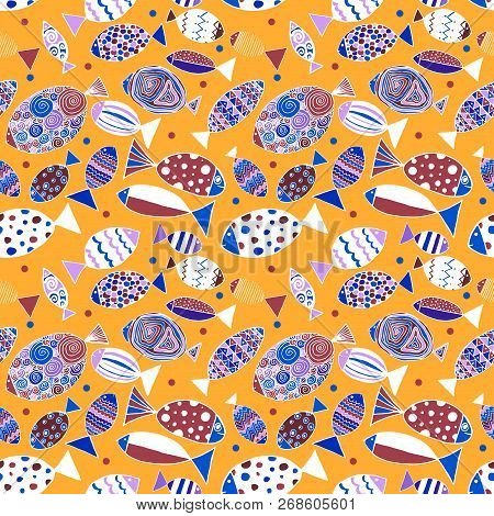 Seamless Pattern With Fishes. Funny Fish Outline Illustration