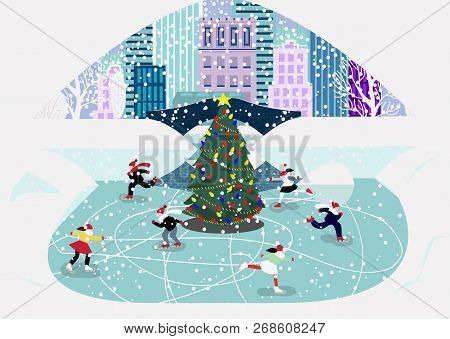 Merry Christmas. Cartoon People Of Different Ages On Icerink. Christmas Entertainments In Decorated 