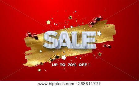 Sale Banner Design. Vector Illustration Of Paper Sale Badge With Confetti Particles And Stars On Gol