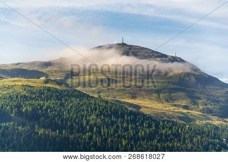 Beautiful Summer Landscape With Monte Della Neve Mountain Peak Over Livigno, Italy, Sunrise On Summe