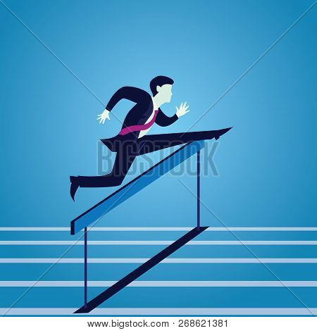 Vecor Illustration, Businessman Running Jumping Over Obstacle Hurdles On Track, Business Challenge C