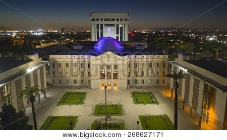 Blue Light Illuminates The Roof Of The Arizona Capitol Building In Phoenix Usa