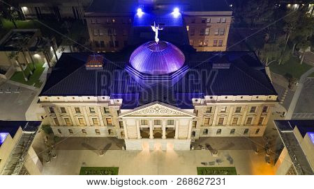 Blue Light Illuminates The Roof Of The Arizona Capitol Building In Phoenix Usa