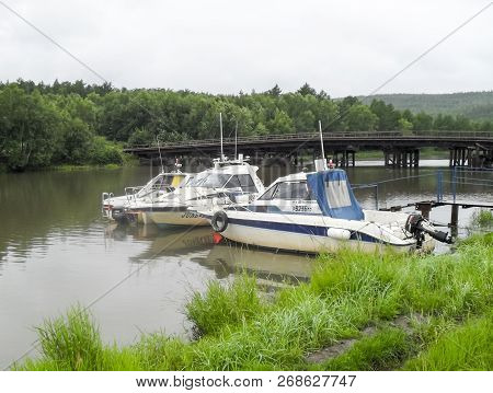Krasnodar, Russia - July 20, 2016: Motor Boats Are At The Pier On The River. The River Pier.