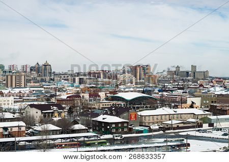 Cityscape Of Barnaul With High-rise Buildings, Shot From Height, 28 March 2018. Barnaul, Russia. Vie