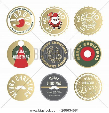 Christmas Labels And Tags Collection With Santa Claus And New Year Wishes Typographic.