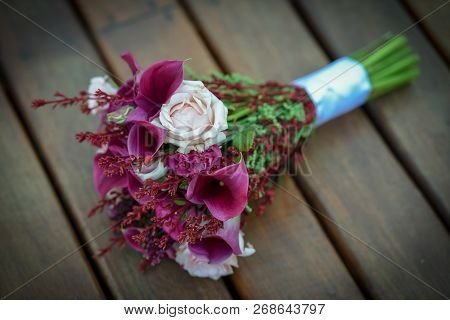 Bridal Bouquet In Rustic Place, For Use In Wedding Websites Or Blogs.