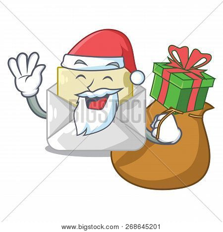 Santa With Gift Envelope Opened On Shape White Mascot
