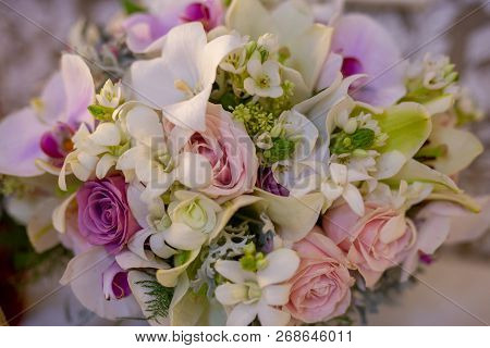 Bridal Bouquet In Rustic Place, For Use In Wedding Websites Or Blogs.