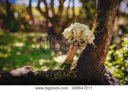 Bridal Bouquet In Rustic Place, For Use In Wedding Websites Or Blogs.