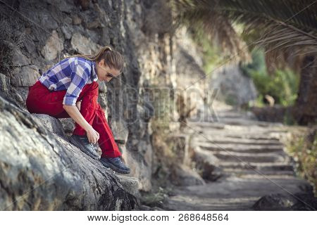 Hiker In An Old Omani Garden In An Old Village Of Misfat Al Abriyeen