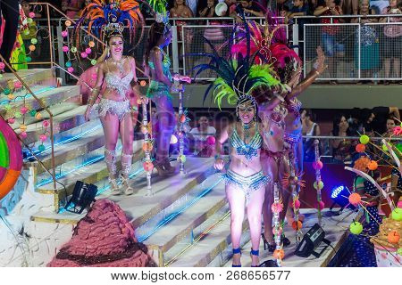 Encarnacion, Paraguay - Feb 7, 2015: Participants Of A Traditional Carnival In Encarnacion, Paraguay