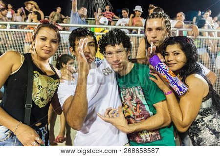Encarnacion, Paraguay - Feb 7, 2015: Spectators At The Traditional Carnival In Encarnacion, Paraguay