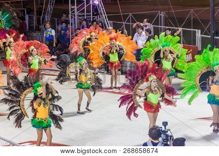 Encarnacion, Paraguay - Feb 8, 2015: Participants Of A Traditional Carnival In Encarnacion, Paraguay
