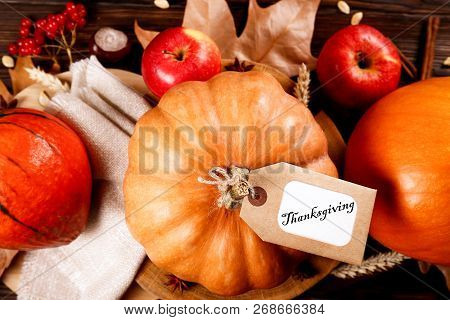 Happy Thanksgiving Concept. Still Life Composition With Pumpkin And Oher Fruits And Vegetble Small D
