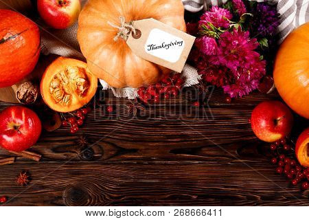 Happy Thanksgiving Concept. Still Life Composition With Pumpkin And Oher Fruits And Vegetble Small D