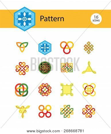 Pattern Icon Set. Hexagon Infinite Traditional Knot Chinese Amulet Round Creative Square Pattern Ete