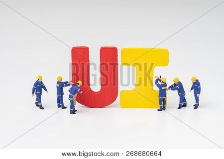 Ui User Interface Development And Design Concept, Miniature People Workers Team Building The Colorfu