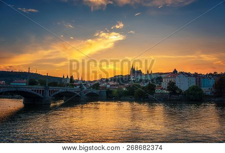Prague Castle, Vltava River And The Old Town Of Prague At Sunset