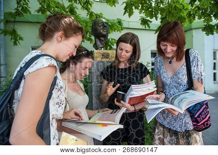 St. Petersburg, Russia - June 10, 2018: Lomonosov State University. A Foreign Language Teacher Talks