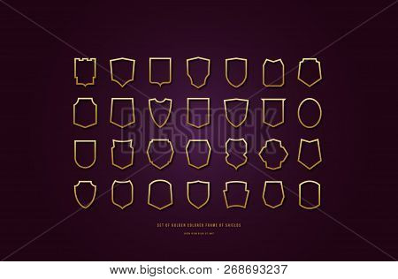 Stock Vector Golden Colored Hollow Shields Silhouettes. Graphic Design Backgrounds For Logo And Embl