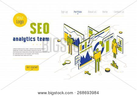Stock Vector Seo Analytics Team. Concept Of Landing Page In Flat Design Isometric Style For Website