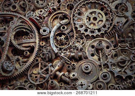 Steampunk Texture, Backgroung With Mechanical Parts, Gear Wheels, Steam Punk Cogwheels, Heap Of Auto
